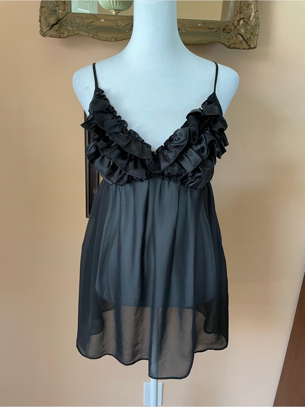 Ambrielle Black Nylon Satin Ruffle & Slip Chemise Adjustable Straps M